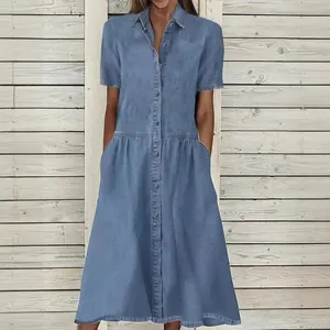 Casual blue denim midi shirt dress with a button-down collar and short sleeves for women