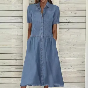 Elegant light blue wash denim shirt midi dress with lapel collar and short sleeves
