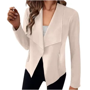 Elegant solid color faux suede blazer jacket for women, slim fit open front style