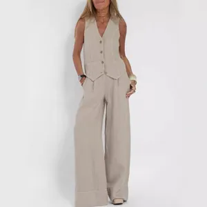 Damen Casual Baumwolle Weste Und Hose Set Top Und Bottom Pendelstil V-Ausschnitt Ärmellose Weste Weite Hose Lockeres Lounge-Set