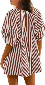 Back view of a women's brown and white striped short sleeve loose fit casual romper