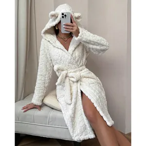 Accappatoio con Cappuccio da Donna in Pile di Corallo Caldo Invernale Pigiama Stile Europeo Tinta Unita Vestaglia Manica Lunga con Cintura