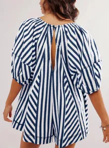 Back view of a blue and white striped short sleeve loose fit casual summer romper jumpsuit