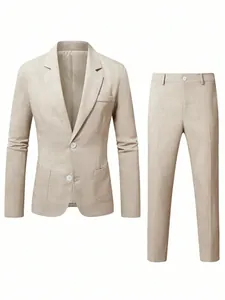 Elegant light beige men's two-piece slim fit suit set for weddings and business events