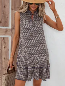 Robe courte bohème sans manches à imprimé géométrique, col V et volants