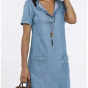 Robe Mi-longue en Denim Mince pour Femmes Couleur Unie Décontractée Manches Courtes Col en V Jupe Ligne A Droite avec Poches Lavage aux Enzymes