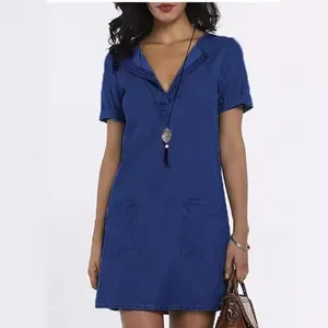 Robe midi en jean classique à manches courtes et col en V avec poches pour femmes