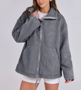 Oversized grey teddy fleece jacket for women featuring warm double zipper closure
