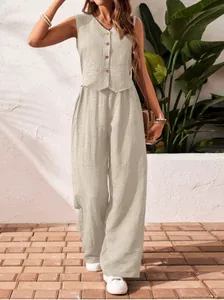 Chic beige linen-look set featuring a buttoned V-neck vest and matching wide-leg trousers
