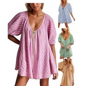 Women Summer Striped Romper Deep V Neck Short Sleeve Casual Loose Wide Leg Jumpsuit Printed Rayon Playsuit With Tie Pockets