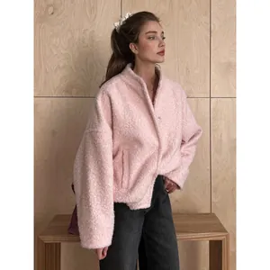 Chic pink fuzzy cropped jacket with stand collar for winter 2025