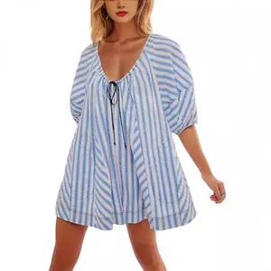 Casual blue striped short sleeve romper with deep V-neck and loose wide-leg fit for women.