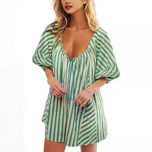Women's summer green striped short sleeve romper with a deep V-neck and loose fit