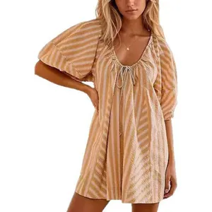 Casual summer loose striped V-neck romper with short bell sleeves and drawstring neck