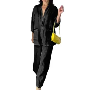 Ensemble deux pièces décontracté pour femme avec gilet à manches longues et pantalon noir