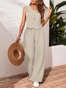 Full view of women's linen summer two-piece set featuring V-neck vest and wide-leg pants
