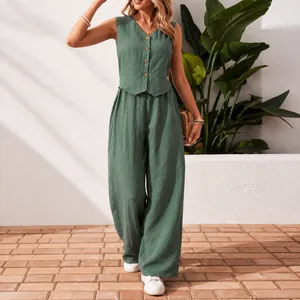 Women Summer Casual Linen Polyester V Neck Button Vest And Wide Leg Pants Set Elegant Top And Bottom Commuting Suit
