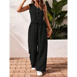 Women's summer linen two-piece set with V-neck button-up vest and wide-leg trousers
