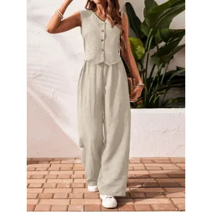 Summer casual linen-look two-piece set featuring V-neck button vest and wide-leg trousers