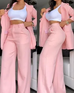 Elegant pink two-piece blazer and wide-leg pants suit set shown from front and side view