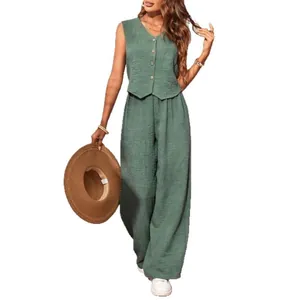 Summer casual linen-style two-piece set with V-neck button vest and wide-leg trousers
