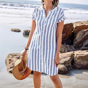 Women Casual Striped Shirt Dress V Neck Short Sleeve Button Down Loose Cotton Polyester Tunic Top