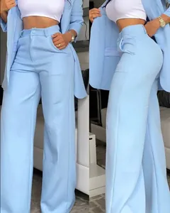 Elegant light blue women's two-piece suit set with wide-leg pants and lapel blazer.