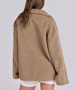 Detailed back view of a cozy camel brown teddy fleece jacket in a stylish oversized fit