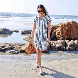 Stylish blue and white vertical striped shirt dress for women, loose summer casual fit