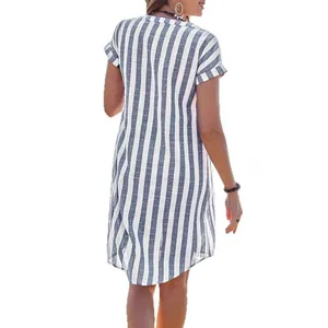 Summer casual loose-fitting blue and white vertical striped short sleeve shirt dress