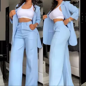 Elegant Solid Color Women Blazer And Pants Top And Bottom Lapel Slit Sleeve Polyester High Waist Wide Leg Office Suit