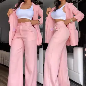Elegant pink two-piece blazer and wide-leg pants suit for women's office wear