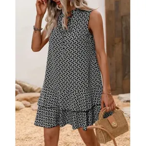 Robe sans manches style bohème avec col en V, imprimé et ourlet à volants
