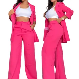Elegant hot pink 3-piece suit set with blazer and wide-leg trousers for modern women