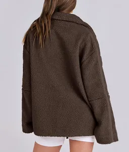 Back view detail of dark brown oversized teddy fleece jacket for women winter warmth