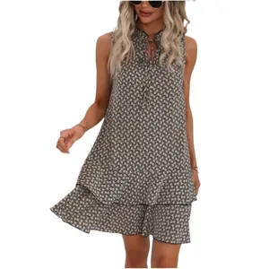 Robe d'été bohème chic sans manches à col en V, imprimée avec lien et volants légers