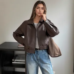 Women's vintage brown PU leather bomber jacket with classic zipper and ribbed hem