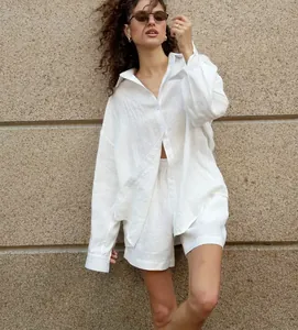 Casual loose white cotton long-sleeved shirt and shorts set for women's summer wear