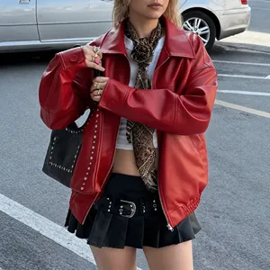 Veste de motard en similicuir rouge élégante, style vintage américain décontracté