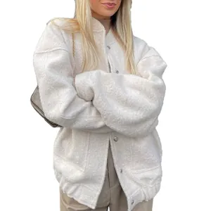 Veste bomber oversize minimaliste crème pour femme avec poches, style chic d'automne