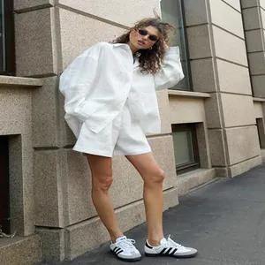 Women's white pure cotton loose long sleeve shirt and shorts casual set for summer