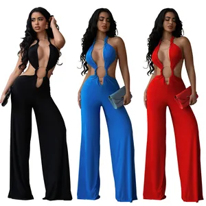 Sexy cut-out backless jumpsuits in black, blue, and red colors with metal ring details