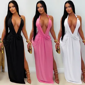 Women Sexy Deep V Neck Halter Backless Maxi Dress Elegant Bodycon Ruched High Slit Evening Banquet Party Dress