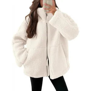 Women Teddy Fleece Jacket Loose Fit Warm Winter Coat Long Sleeve Double Zipper Jacket Casual Plush Outerwear With Pockets Top