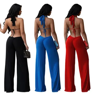 Rear view showing the sexy backless halter wide-leg jumpsuit in black blue and red