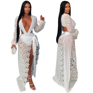 Sexy white mesh lace maxi dress with deep V-neckline and high side slits detail