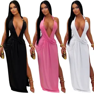 Elegant and sexy deep V-neck halter maxi dress with side slit in black, pink, and white colors