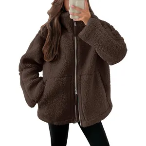 Warm oversized brown teddy fleece jacket for women with stylish double zipper closure