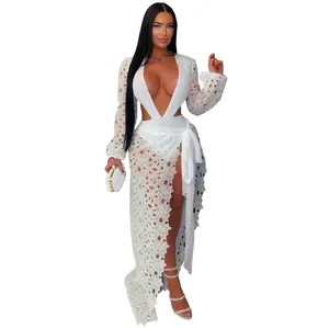 Detailed view of sexy white lace mesh maxi dress featuring deep V-neck and high slit