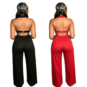 Detailed back view of a women's halter crop top and wide-leg pants set in black and red colors